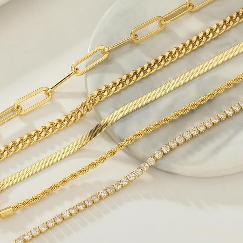 Gold Bracelets for Women 14K Gold Plated Stack Trend Bracelets Charm Paperclip Chain Cuban Link Layered Waterproof Bracelet Dainty Bracelet for Women Jewelry Gifts in Saudi Arabia