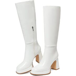 حذاء أبيض Go Go ذو نعل سميك حذاء برقبة للركبة بمقدمة مربعة وكعب مكتنز حذاء ديسكو للنساء حذاء مطاطي متوسط ​​الساق in Kuwait