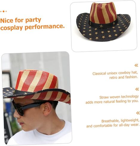 SAFIGLE Independence Day American Flag Hat Multi Functional Decorative Cowboy Hat for Cosplay Lightweight Comfortable Sun Protection for Dances Bbqs Performances in Saudi Arabia