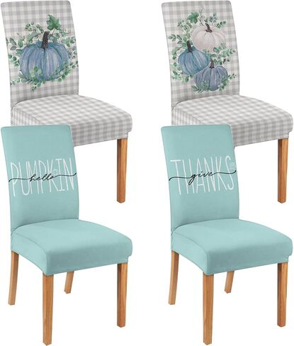6 Pcs Fall Chair Covers for Dining Room, Thanksgiving Stretch Removable Dining Chair Cover Set of 6, Autumn Blue Pumpkin Chair Slipcovers Seat Protector for Fall Restaurant Decor in Saudi Arabia