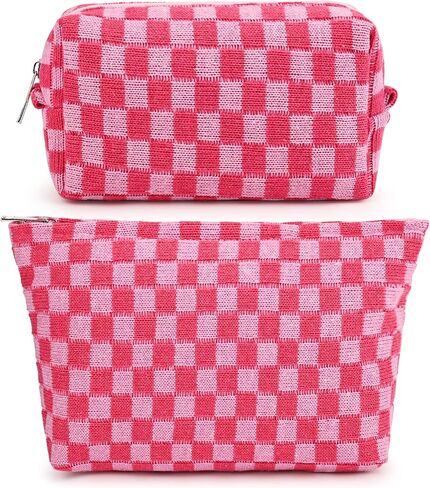 2 Pieces Makeup Bag Large Checkered Cosmetic Bag Capacity Canvas Mix Travel Toiletry Bag Organizer Cute Makeup Brushes Aesthetic Accessories Storage Bag for Women, Checkered Mix Rose Red in Saudi Arabia