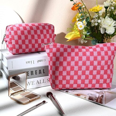 2 Pieces Makeup Bag Large Checkered Cosmetic Bag Capacity Canvas Mix Travel Toiletry Bag Organizer Cute Makeup Brushes Aesthetic Accessories Storage Bag for Women, Checkered Mix Rose Red in Saudi Arabia