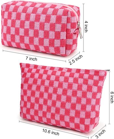 2 Pieces Makeup Bag Large Checkered Cosmetic Bag Capacity Canvas Mix Travel Toiletry Bag Organizer Cute Makeup Brushes Aesthetic Accessories Storage Bag for Women, Checkered Mix Rose Red in Saudi Arabia