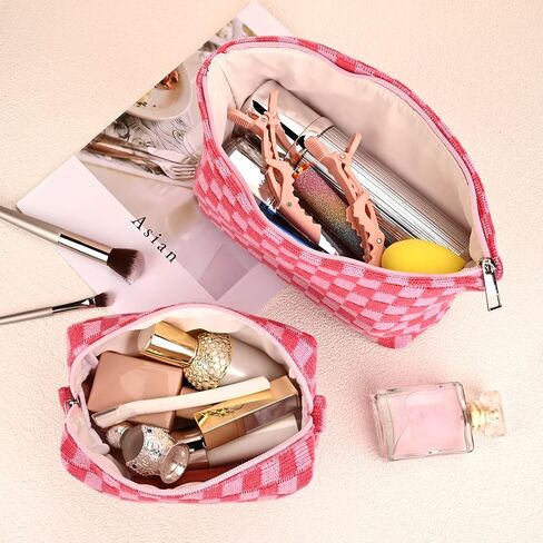2 Pieces Makeup Bag Large Checkered Cosmetic Bag Capacity Canvas Mix Travel Toiletry Bag Organizer Cute Makeup Brushes Aesthetic Accessories Storage Bag for Women, Checkered Mix Rose Red in Saudi Arabia