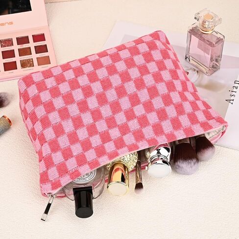 2 Pieces Makeup Bag Large Checkered Cosmetic Bag Capacity Canvas Mix Travel Toiletry Bag Organizer Cute Makeup Brushes Aesthetic Accessories Storage Bag for Women, Checkered Mix Rose Red in Saudi Arabia