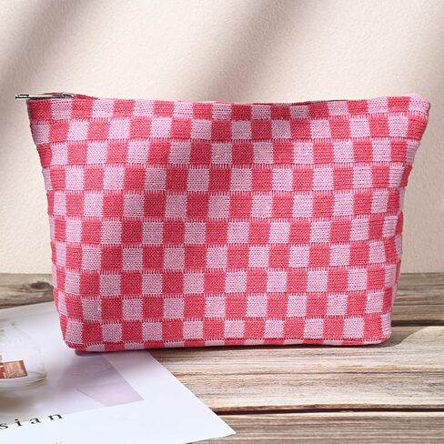2 Pieces Makeup Bag Large Checkered Cosmetic Bag Capacity Canvas Mix Travel Toiletry Bag Organizer Cute Makeup Brushes Aesthetic Accessories Storage Bag for Women, Checkered Mix Rose Red in Saudi Arabia