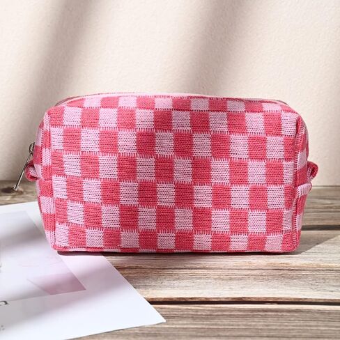 2 Pieces Makeup Bag Large Checkered Cosmetic Bag Capacity Canvas Mix Travel Toiletry Bag Organizer Cute Makeup Brushes Aesthetic Accessories Storage Bag for Women, Checkered Mix Rose Red in Saudi Arabia