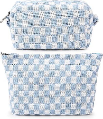 2 Pieces Makeup Bag Large Checkered Cosmetic Bag Capacity Canvas Mix Travel Toiletry Bag Organizer Cute Makeup Brushes Aesthetic Accessories Storage Bag for Women, Checkered Mix Rose Red in Saudi Arabia