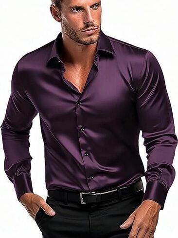 Men's Satin Classic Fit Casual Shirt, Long Sleeve Plain Shirt for Men - Activa in Saudi Arabia