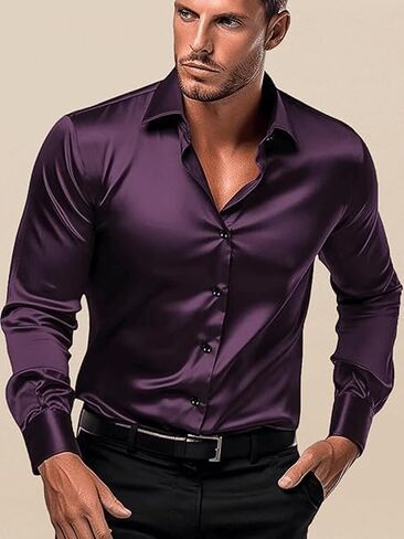 Men's Satin Classic Fit Casual Shirt, Long Sleeve Plain Shirt for Men - Activa in Saudi Arabia