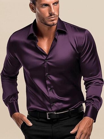 Men's Satin Classic Fit Casual Shirt, Long Sleeve Plain Shirt for Men - Activa in Saudi Arabia