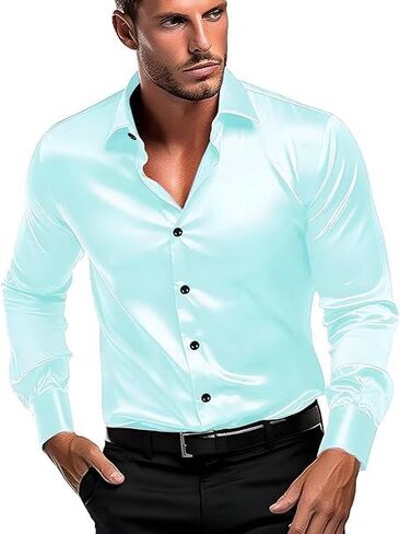 Men's Satin Classic Fit Casual Shirt, Long Sleeve Plain Shirt for Men - Activa in Saudi Arabia