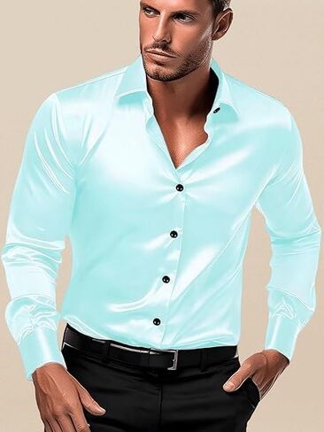 Men's Satin Classic Fit Casual Shirt, Long Sleeve Plain Shirt for Men - Activa in Saudi Arabia