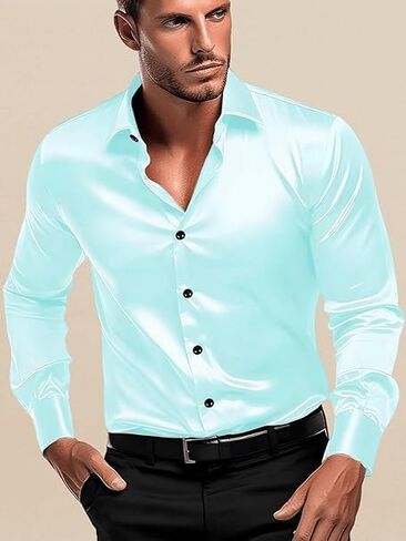Men's Satin Classic Fit Casual Shirt, Long Sleeve Plain Shirt for Men - Activa in Saudi Arabia