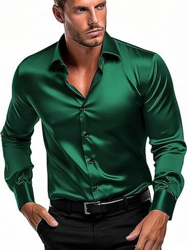 Men's Satin Classic Fit Casual Shirt, Long Sleeve Plain Shirt for Men - Activa in Saudi Arabia