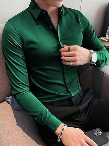 Men's Satin Classic Fit Casual Shirt, Long Sleeve Plain Shirt for Men - Activa in Saudi Arabia