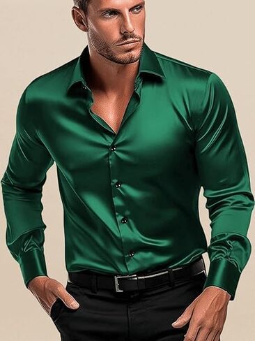 Men's Satin Classic Fit Casual Shirt, Long Sleeve Plain Shirt for Men - Activa in Saudi Arabia