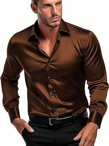 Men's Satin Classic Fit Casual Shirt, Long Sleeve Plain Shirt for Men - Activa in Saudi Arabia