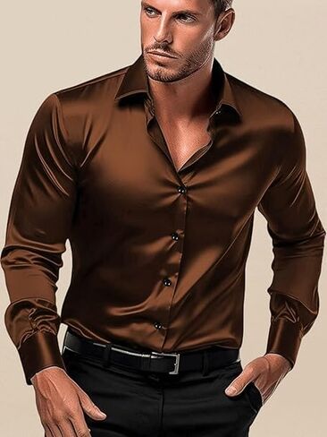Men's Satin Classic Fit Casual Shirt, Long Sleeve Plain Shirt for Men - Activa in Saudi Arabia