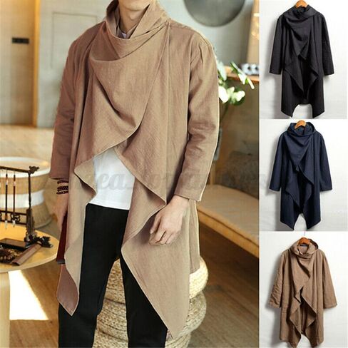 Men's Long Sleeve Cotton Linen Poncho Cape Coat Long Jacket Cardigan Outwear Top in Saudi Arabia