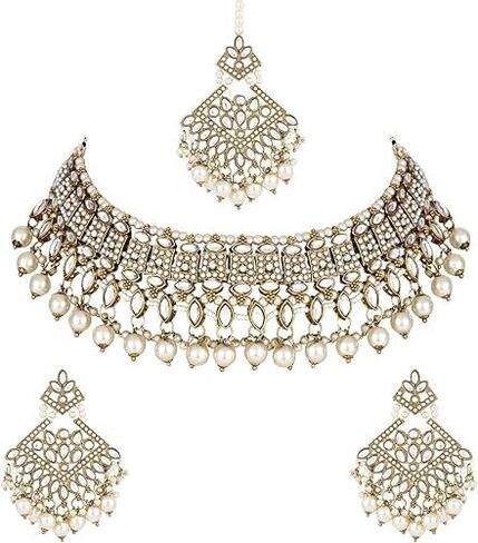 I Jewels Gold Plated Kundan Pearl Drop Choker Necklace Jewellery & Dangle Earrings Set For Women/Girls (K7273) in Saudi Arabia