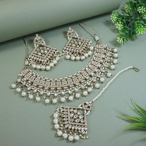 I Jewels Gold Plated Kundan Pearl Drop Choker Necklace Jewellery & Dangle Earrings Set For Women/Girls (K7273) in Saudi Arabia