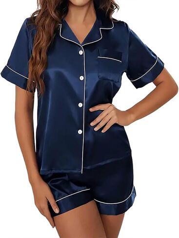 Button Down Silk Pajamas for Women With Shorts,Soft Satin Pajama Set for Women,S ilk Pajamas,Pjs,Silks Pajama Set in Saudi Arabia