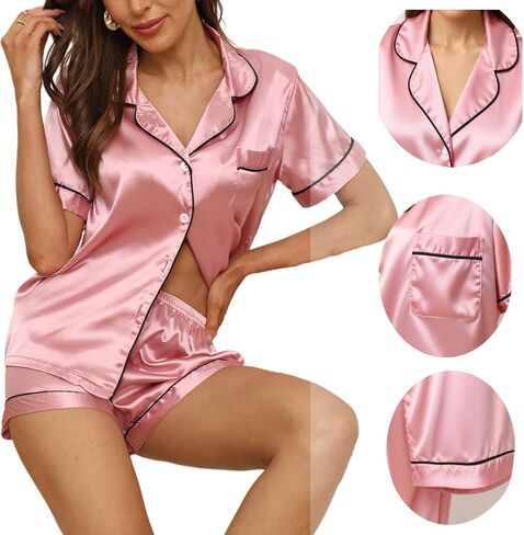 Button Down Silk Pajamas for Women With Shorts,Soft Satin Pajama Set for Women,S ilk Pajamas,Pjs,Silks Pajama Set in Saudi Arabia