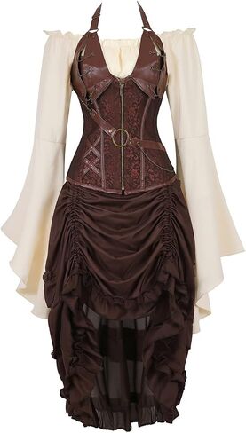 Grebrafan Corset Pirate Skirt with Blouse Steampunk Leather Corsets Costume in Saudi Arabia
