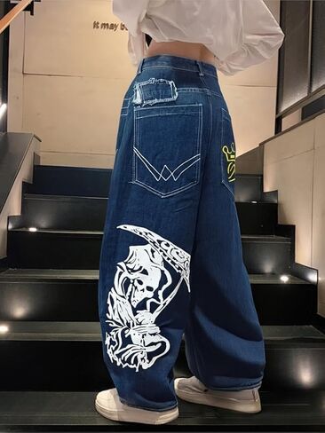 Unisex Y2K Hip Hop Street Jeans with Skeleton Print, Gothic Baggy Jeans, Vintage High Waist Denim, Wide Leg Pants in Kuwait