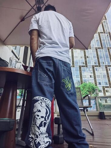 Unisex Y2K Hip Hop Street Jeans with Skeleton Print, Gothic Baggy Jeans, Vintage High Waist Denim, Wide Leg Pants in Kuwait