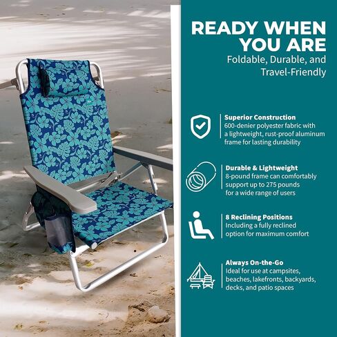 Bliss Hammocks Folding Beach Chair, Backpack Recliner with Canopy, Blue Flower in Kuwait