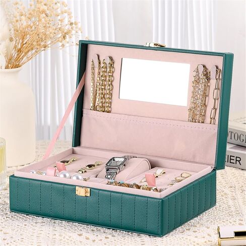 PU Leather Travel Jewelry Case Twill Jewelry Organizer Box مع مرآة 8.86 × 5.9 × 2.8 بوصة محمولة جوهر تخزين المجوهرات فكرة هدية (أسود) in Saudi Arabia