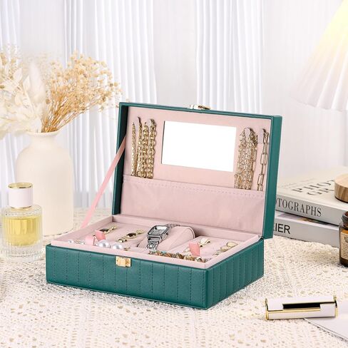 PU Leather Travel Jewelry Case Twill Jewelry Organizer Box مع مرآة 8.86 × 5.9 × 2.8 بوصة محمولة جوهر تخزين المجوهرات فكرة هدية (أسود) in Saudi Arabia