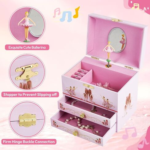 Musical Jewellery Box for Girls with 2 Drawers, Kids Toys Music Box with Spinning Ballerina,Girls Gift for 3-12 Years Old Jewel Storage Box in Kuwait
