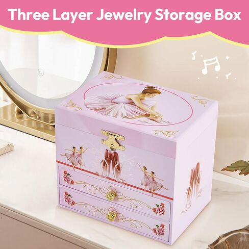 Musical Jewellery Box for Girls with 2 Drawers, Kids Toys Music Box with Spinning Ballerina,Girls Gift for 3-12 Years Old Jewel Storage Box in Kuwait