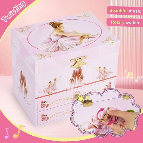 Musical Jewellery Box for Girls with 2 Drawers, Kids Toys Music Box with Spinning Ballerina,Girls Gift for 3-12 Years Old Jewel Storage Box in Kuwait