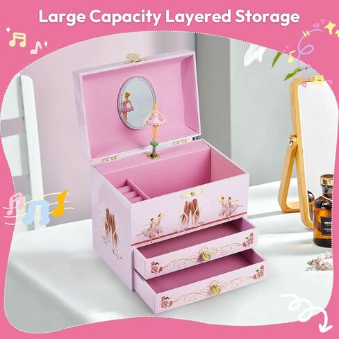Musical Jewellery Box for Girls with 2 Drawers, Kids Toys Music Box with Spinning Ballerina,Girls Gift for 3-12 Years Old Jewel Storage Box in Kuwait