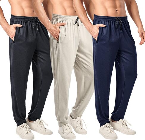 3PC Men's Tapered Jogger Pants with Zipper Pockets - Snag-Proof Mesh Fabric, Breathable for Sports & Casual Wear in Kuwait