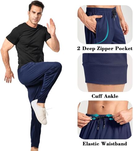 3PC Men's Tapered Jogger Pants with Zipper Pockets - Snag-Proof Mesh Fabric, Breathable for Sports & Casual Wear in Kuwait