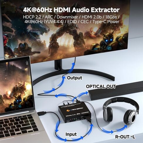 J-Tech Digital HDMI 4K 60HZ HDMI Audio Extractor with Audio Embedder Optical SPDIF + 3.5MM Output Supports HDMI 2.0, 18Gpbs Bandwidth, HDCP 2.2, Dolby Digital/DTS Passthrough CEC, HDR10 [JTECH-18GAE2] in Saudi Arabia