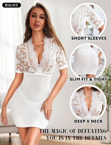 RSLOVE Sexy Lingerie Babydoll Outfits - Women V Neck Corset 2 Piece Nightwear Lace Sheer Mesh Chemise with Thong in Saudi Arabia