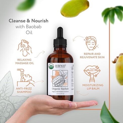 HBNO Organic Baobab Oil - 4 OZ (120 ml) Value Size - Natural Baobab Oil, Cold Pressed - Perfect Carrier Oil for Massage, Aromatherapy, DIY, Soap Making, Face, Body, Lips, Hair, Nails in Saudi Arabia