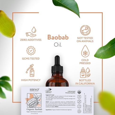 HBNO Organic Baobab Oil - 4 OZ (120 ml) Value Size - Natural Baobab Oil, Cold Pressed - Perfect Carrier Oil for Massage, Aromatherapy, DIY, Soap Making, Face, Body, Lips, Hair, Nails in Saudi Arabia