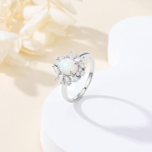 S925 Sterling Silver 1.5 Carat Oval Opal Ring Dainty October Birthstone with Cubic Zirconia Ring Anniversary Birthday Mother's Day Gift for Women Wife in Saudi Arabia