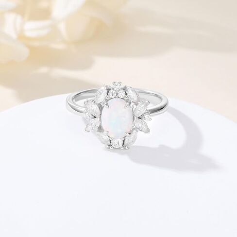 S925 Sterling Silver 1.5 Carat Oval Opal Ring Dainty October Birthstone with Cubic Zirconia Ring Anniversary Birthday Mother's Day Gift for Women Wife in Saudi Arabia