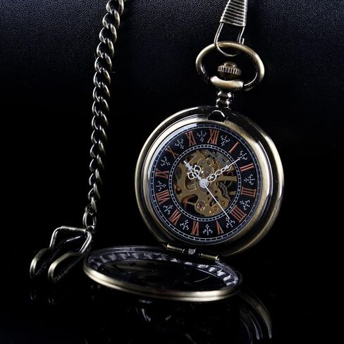 Men's Mechanical Holoow Design Hand Wind Pocket Watch Roman Numerals Steampunk with Chain Box in Kuwait