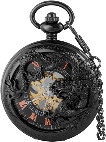Men's Mechanical Holoow Design Hand Wind Pocket Watch Roman Numerals Steampunk with Chain Box in Kuwait