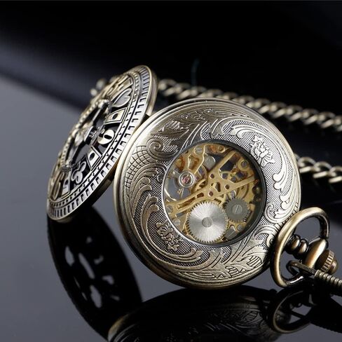 Men's Mechanical Holoow Design Hand Wind Pocket Watch Roman Numerals Steampunk with Chain Box in Kuwait
