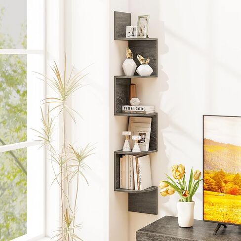Tangkula 5-Tier Corner Shelf Wall Mount, Farmhouse Floating Corner Bookshelf, Industrial Modern Display Shelf Stand, Wooden Storage Organizer for Living Room Home Office (1, White) in Saudi Arabia